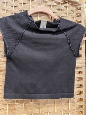 Nikki Nikki Black Ribbed Cap-Sleeve Mock Neck Top